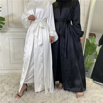 סאטן פתח Abaya Kaftan דובאי, טורקיה קימונו קרדיגן האיסלאם המוסלמים חיג ' אב השמלה Jilbab כפיות לנשים גלימה אסלאמית בגדים