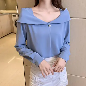 סקסית קו נטוי הצוואר יהלומים שיפון חולצה בגדי נשים 2022 ליידי משרד הנסיעות מוצק Pullovers קוריאני אופנה חולצות מזדמנים