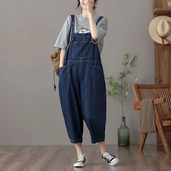 סרבל סרבל מזדמנים גבוה Waisted מכנסיים אופנה קוריאנית בסיסית ג ' ינס חתיכה אחת בגדים נשים בגדים רופפים בציר כחול Rompers