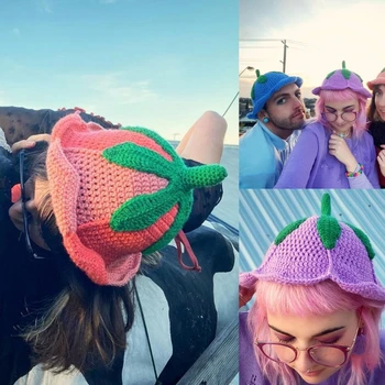 סרוג נשים כובע כפת Y2K צבעוני פירות כובע חוף פופולרי-כובע מסיבה הכובעים