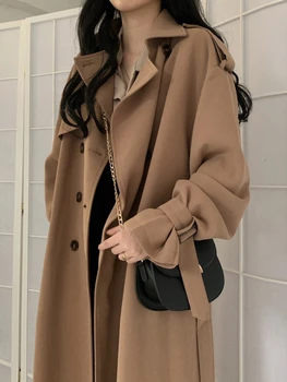 סתיו ארוך מעילים אישה החורף 2023 לכל היותר מוצק דש כפול עם חזה גדול מעיל מעיל רוח מעיל לנשים בגדים