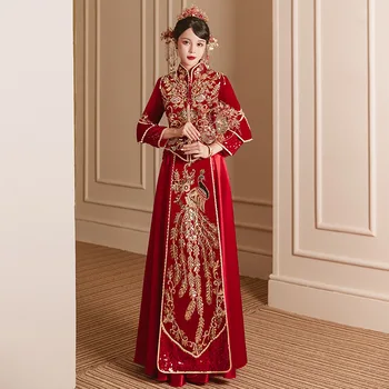 סתיו חורף מעולה טווס רקמה נישואין טוסט קטיפה, Cheongsam הסינית המסורתית שמלת החתונה צ ' יפאו Vestidos
