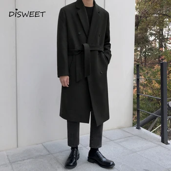 עבה, מוצק צמר מעיל קוריאני גברים שרוול ארוך רופף חגורה של הגברים ארוך מעיל פשטות חם סלים חורף צמר מעיל ילד 2020