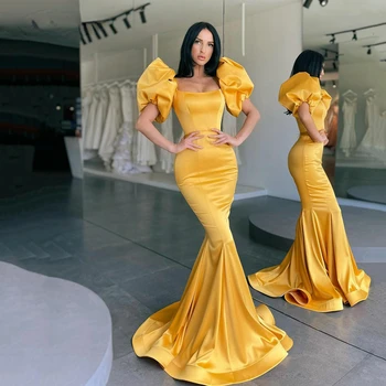 צהוב ארוכה בת-ים מחוץ כתף שמלת ערב עם שרוולים קצרים U הצוואר הרשמית שמלות לנשף מסיבת Vestidos דה לפסטה