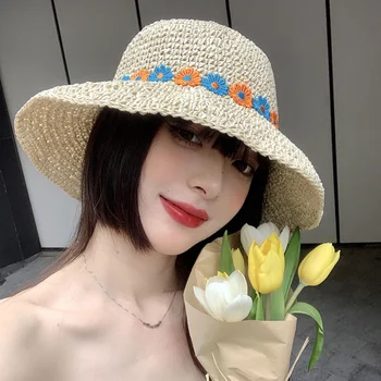 קוריאני כובע קש נשים קיץ החוף כובעי פרח מתקפל דלי כובע הגנה מהשמש גדול המרזבים חוף ים חופשה ארוגים השמש כמוסות