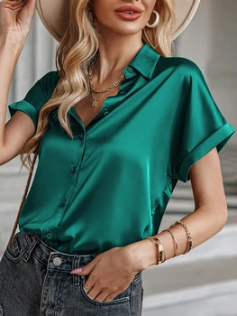 קיץ משי סאטן עם החולצה נשים Bodycon כפתור יפה אלגנטי חולצות 2023 המשרד בגדים של נשים שרוול קצר חולצות