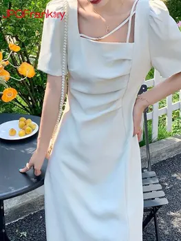 קיץ צרפתי המותניים פיצול סלים שמלת טמפרמנט הצווארון המרובע בועה חצאית שרוול נקבה חוש עיצוב נישה שמלה לבנה סקסית
