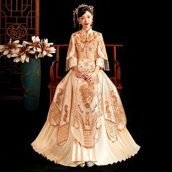 רטרו סיני מעודן, מסוגנן ציצית להתחתן עם Cheongsam שמפניה מסורתי רקמה והכלה החתונה השמלה Свадебное платье