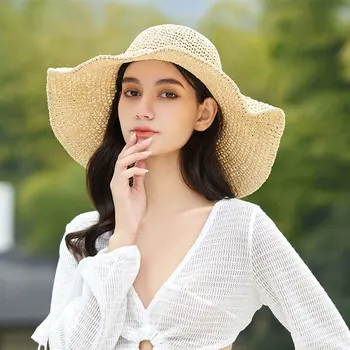 שוליים רחבים, תקליטונים בנות כובע קש כובע השמש מתקפל נשים נסיעות הקיץ כובע ליידי כובע נשי כובע קש על החוף
