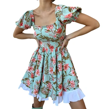 שמלות קיץ לנשים 2023 פרח הדפסה צוואר מרובע פאף קצר השרוול גבוה המותניים קו שמלת מיני Bohemain צד שמלות