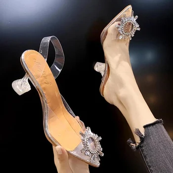 שקוף עקבים גבוהים סקסי הצביע הבוהן קריסטל נעלי החתונה מותג אופנה נעלי ליידי דק עקבים יוקרה נשים משאבות