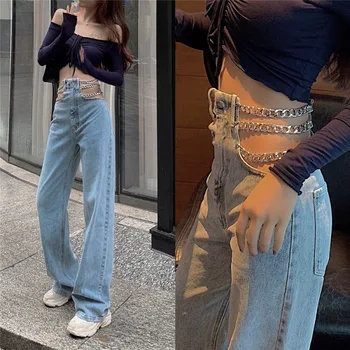 שרשרת עיצוב קיץ ג 'ינס מקרית אישה מכנסיים ארוכים קאובוי נשי משוחרר אופנת רחוב ג' ינס כותנה ישר מכנסיים רחבים הרגל המכנסיים